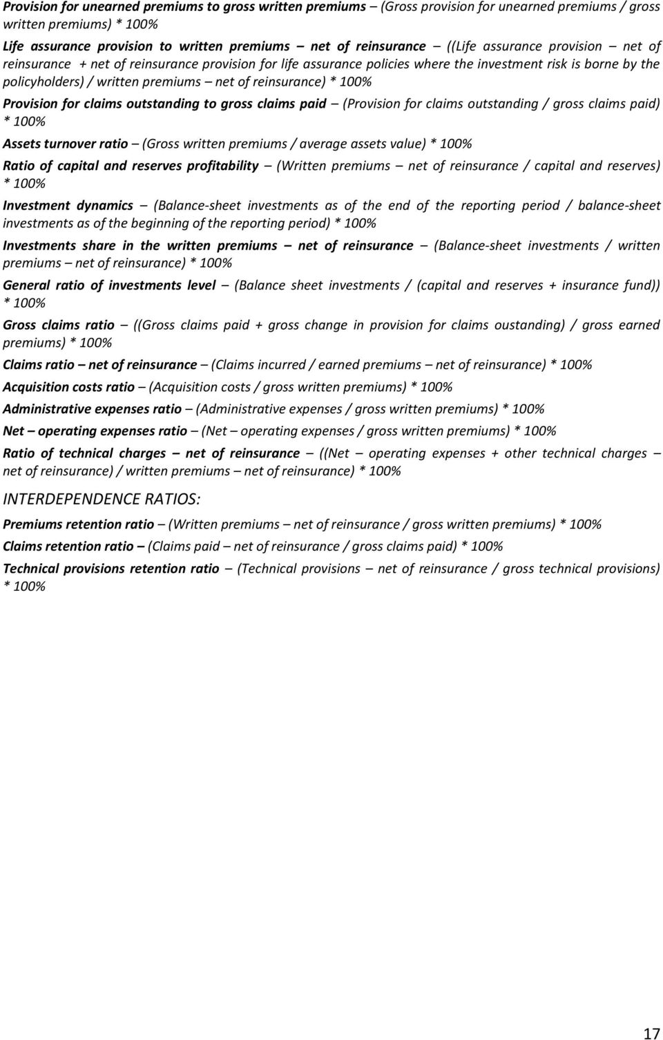 reinsurance) * 100% Provision for claims outstanding to gross claims paid (Provision for claims outstanding / gross claims paid) * 100% Assets turnover ratio (Gross written premiums / average assets