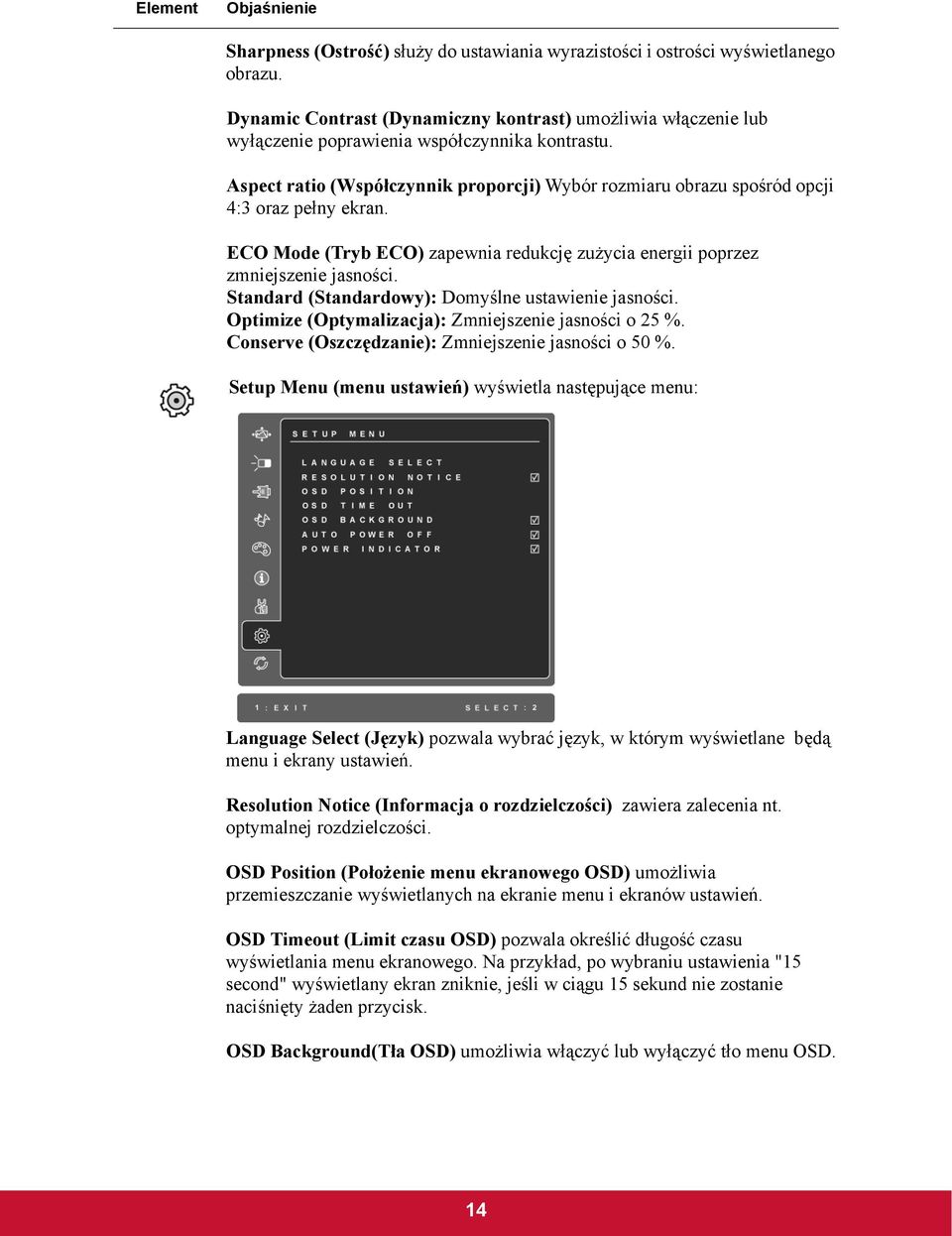 Aspect ratio (Współczynnik proporcji) Wybór rozmiaru obrazu spośród opcji 4:3 oraz pełny ekran. ECO Mode (Tryb ECO) zapewnia redukcję zużycia energii poprzez zmniejszenie jasności.