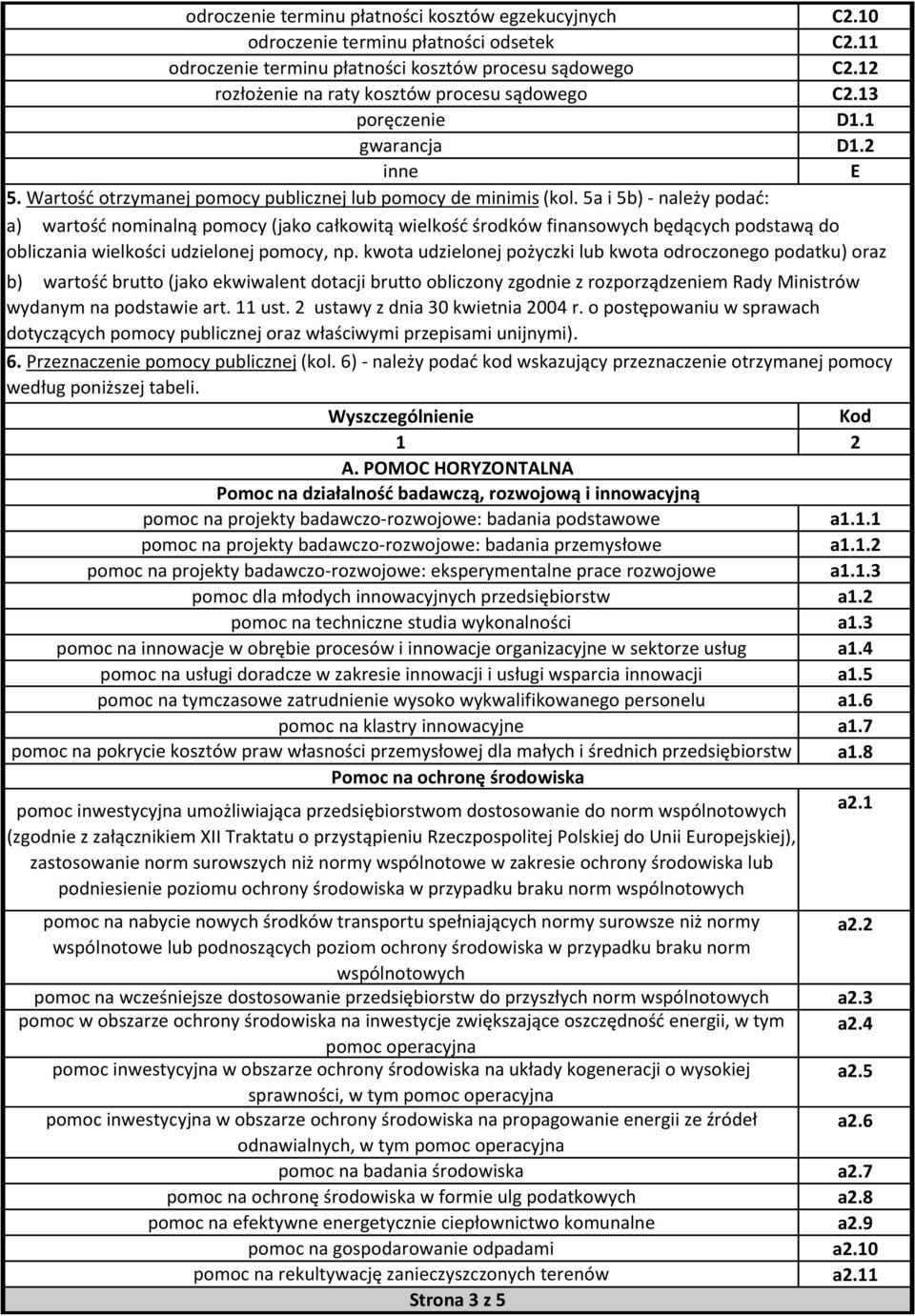 2 E a) wartość nominalną pomocy (jako całkowitą wielkość środków finansowych będących podstawą do obliczania wielkości udzielonej pomocy, np.