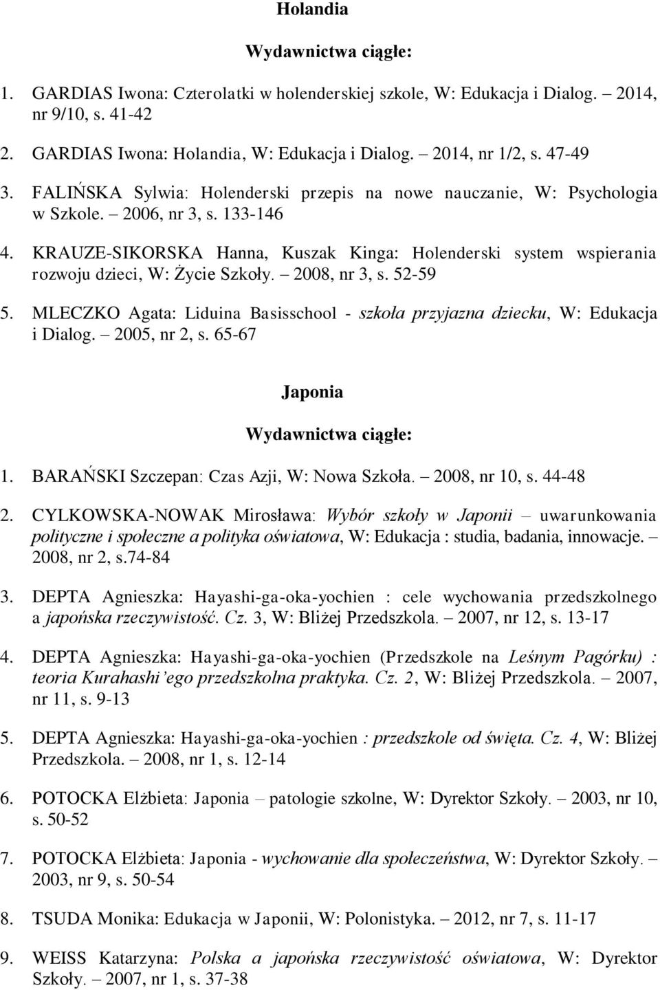 KRAUZE-SIKORSKA Hanna, Kuszak Kinga: Holenderski system wspierania rozwoju dzieci, W: Życie Szkoły. 2008, nr 3, s. 52-59 5.