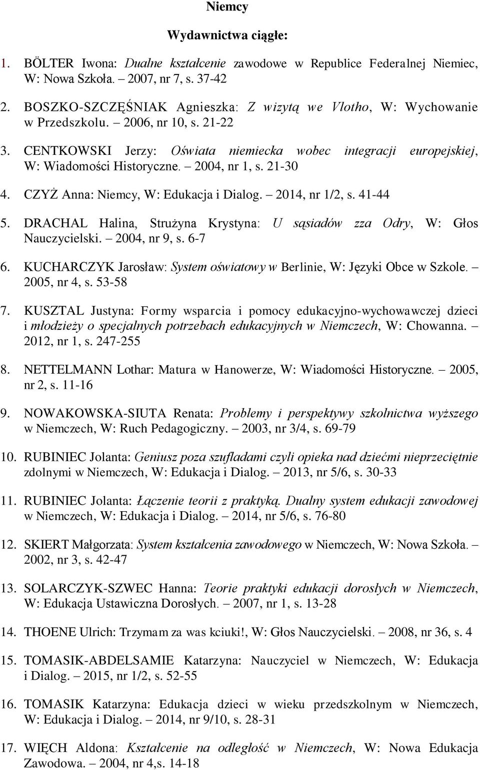 2004, nr 1, s. 21-30 4. CZYŻ Anna: Niemcy, W: Edukacja i Dialog. 2014, nr 1/2, s. 41-44 5. DRACHAL Halina, Strużyna Krystyna: U sąsiadów zza Odry, W: Głos Nauczycielski. 2004, nr 9, s. 6-7 6.