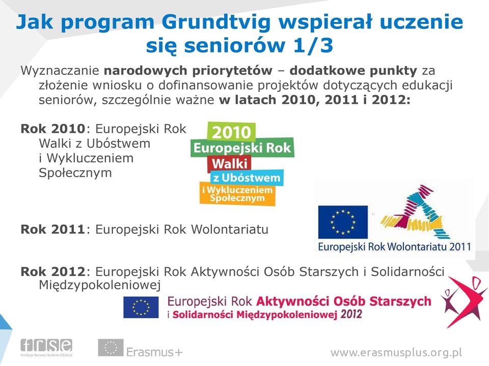 latach 2010, 2011 i 2012: Rok 2010: Europejski Rok Walki z Ubóstwem i Wykluczeniem Społecznym Rok 2011: