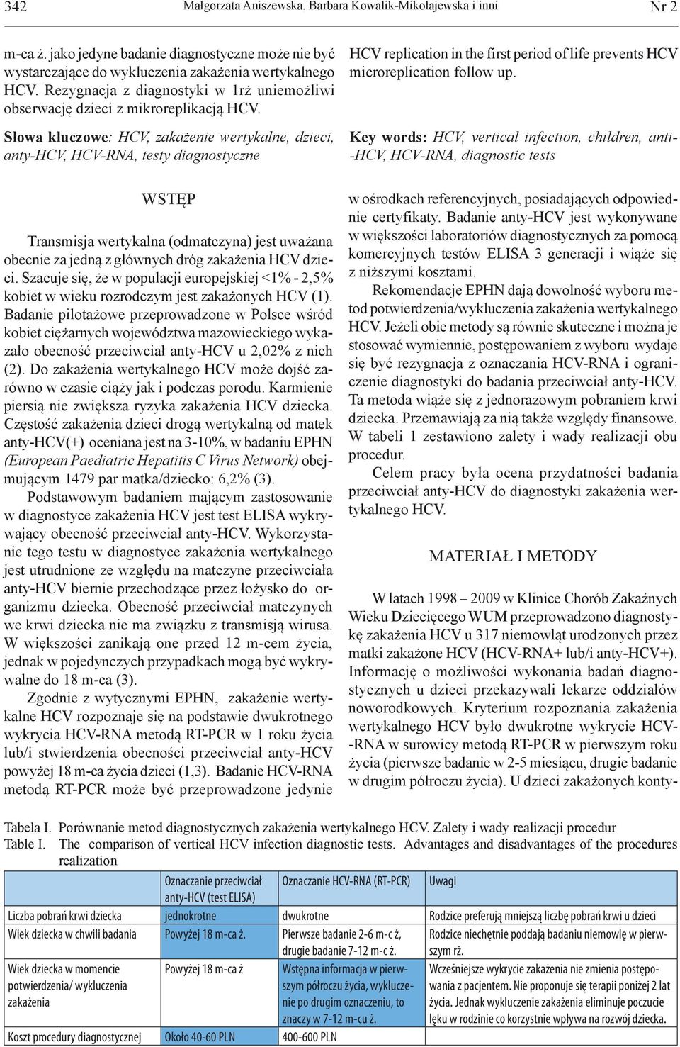 Kryterium rozpoznania zakażenia wertykalnego HCV było dwukrotne wykrycie HCV- -RNA w surowicy metodą RT-PCR w pierwszym roku życia (pierwsze badanie w 2-5 miesiącu, drugie badanie w drugim półroczu