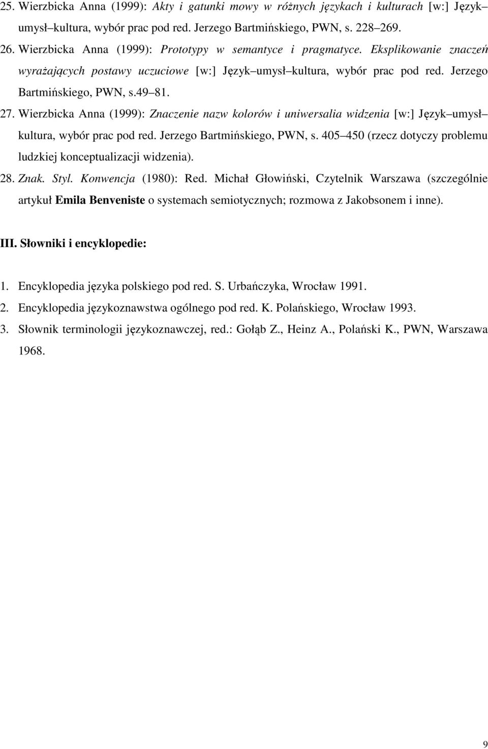 49 81. 27. Wierzbicka Anna (1999): Znaczenie nazw kolorów i uniwersalia widzenia [w:] Język umysł kultura, wybór prac pod red. Jerzego Bartmińskiego, PWN, s.