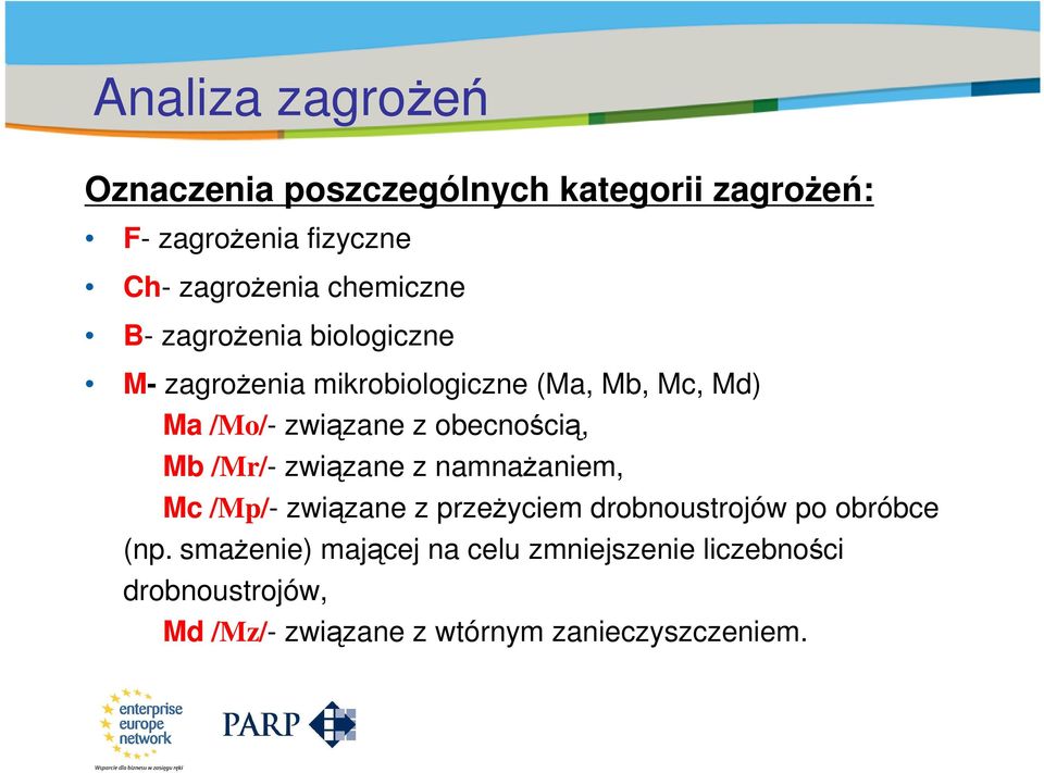 /Mo/- związane z obecnością, Mb /Mr/- związane z namnażaniem, Mc /Mp/- związane z przeżyciem drobnoustrojów po