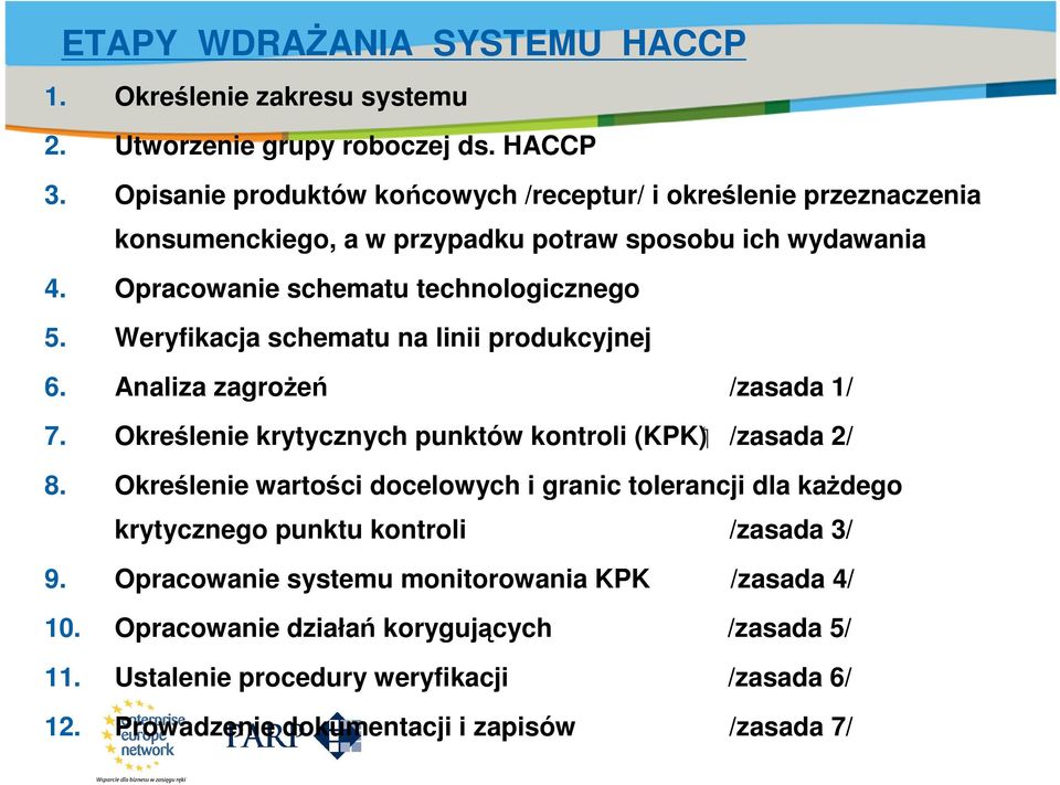 Weryfikacja schematu na linii produkcyjnej 6. Analiza zagrożeń /zasada 1/ 7. Określenie krytycznych punktów kontroli (KPK) /zasada 2/ 8.