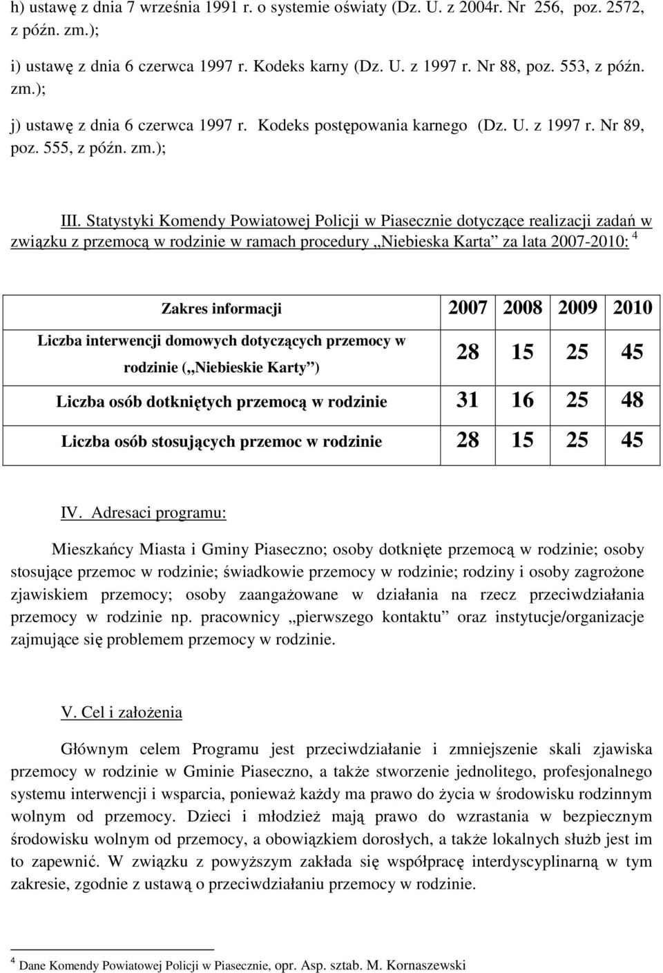 Statystyki Komendy Powiatowej Policji w Piasecznie dotyczące realizacji zadań w związku z przemocą w rodzinie w ramach procedury Niebieska Karta za lata 2007-2010: 4 Zakres informacji 2007 2008 2009