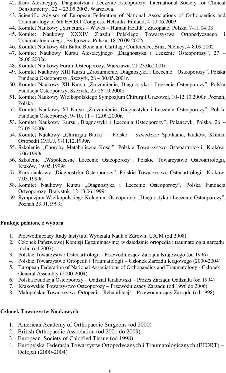 Komitet Naukowy Structures Waves Human Health, Zakopane, Polska, 7-11.04.03 45. Komitet Naukowy XXXIV Zjazdu Polskiego Towarzystwa Ortopedycznego i Traumatologicznego, Bydgoszcz, Polska, 18-20.09.