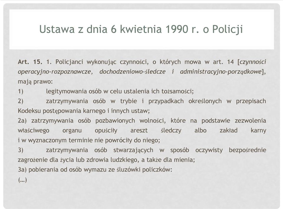 trybie i przypadkach określonych w przepisach Kodeksu postępowania karnego i innych ustaw; 2a) zatrzymywania osób pozbawionych wolności, które na podstawie zezwolenia właściwego organu