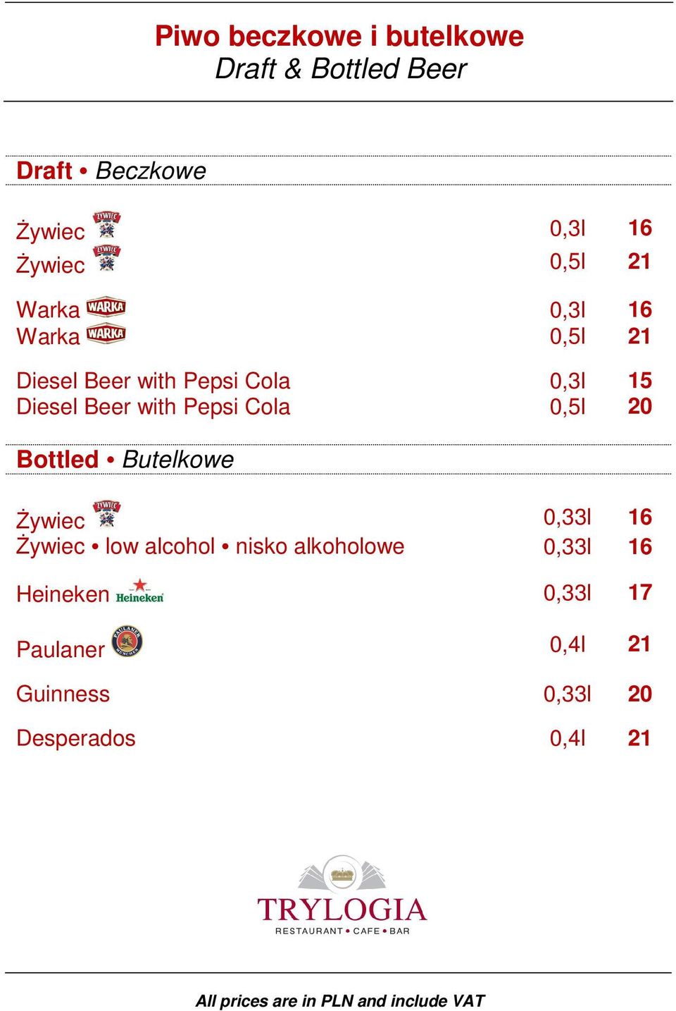 with Pepsi Cola 0,5l 20 Bottled Butelkowe Żywiec 0,33l 16 Żywiec low alcohol nisko