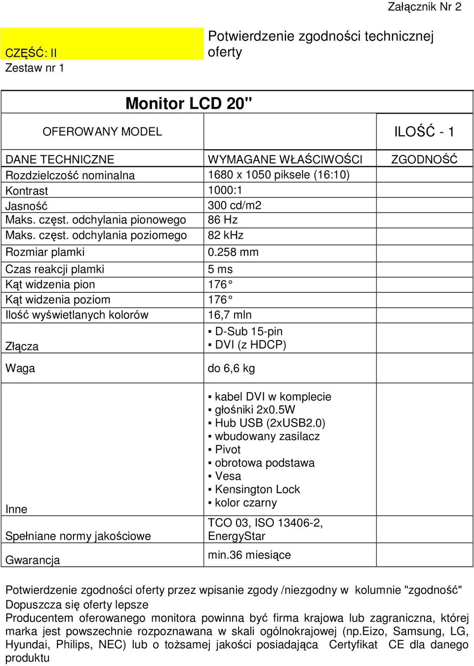 258 mm Czas reakcji plamki 5 ms Kąt widzenia pion 176 Kąt widzenia poziom 176 Ilość wyświetlanych kolorów 16,7 mln D-Sub 15-pin Złącza DVI (z HDCP) Waga do 6,6 kg Inne Spełniane normy jakościowe