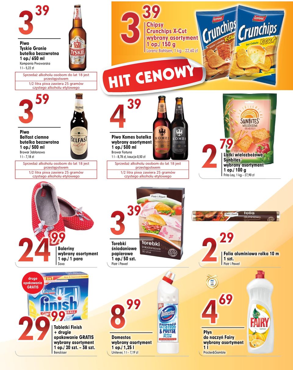 / 500 ml Browar Jabłonowo l 7,8 zł Sprzedaż alkoholu osobom do lat 8 jest przestępstwem / litra piwa zawiera 5 gramów czystego alkoholu etylowego 3 39 Chipsy 4 39 Piwo Komes butelka op.