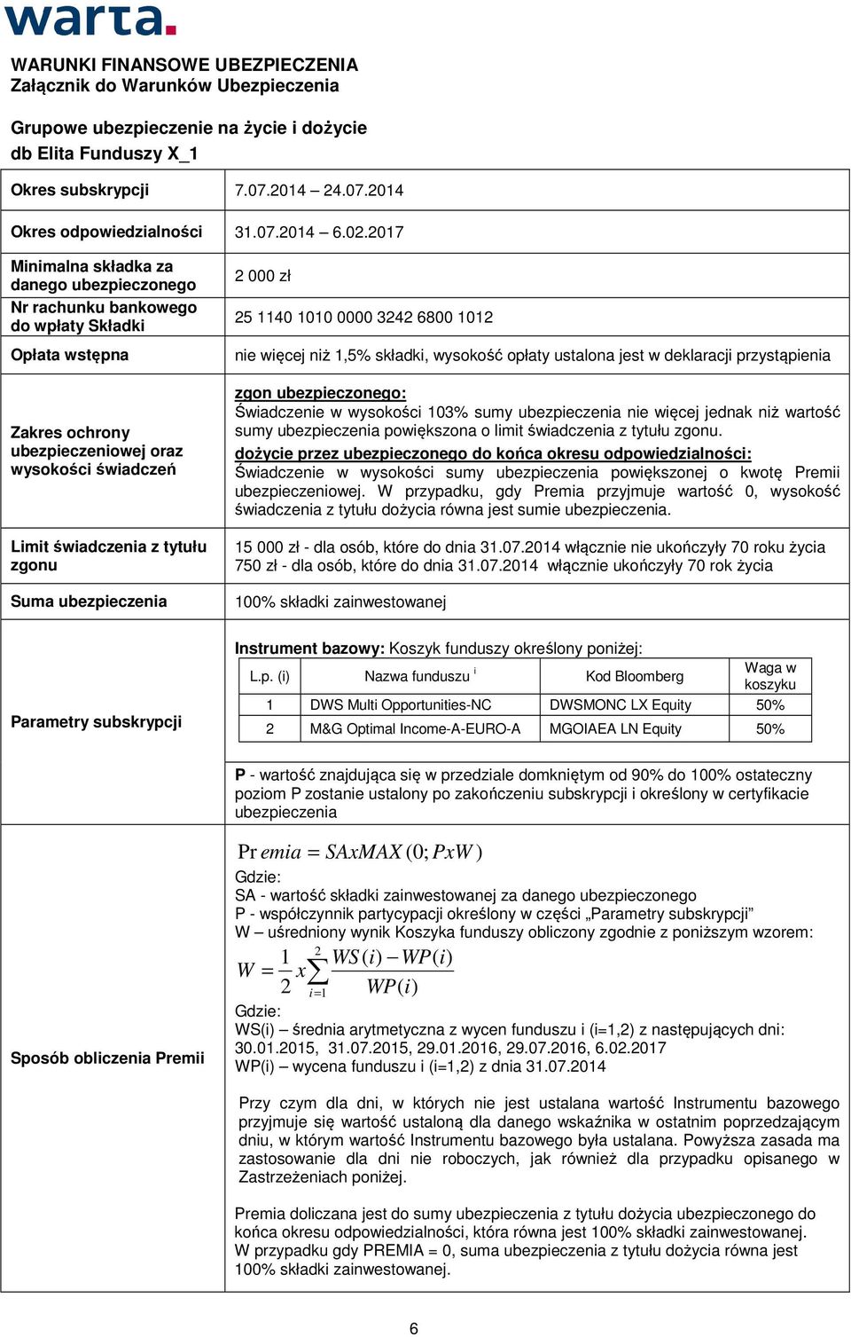 Suma ubezpieczenia 2 000 zł 25 1140 1010 0000 3242 6800 1012 nie więcej niż 1,5% składki, wysokość opłaty ustalona jest w deklaracji przystąpienia zgon ubezpieczonego: Świadczenie w wysokości 103%