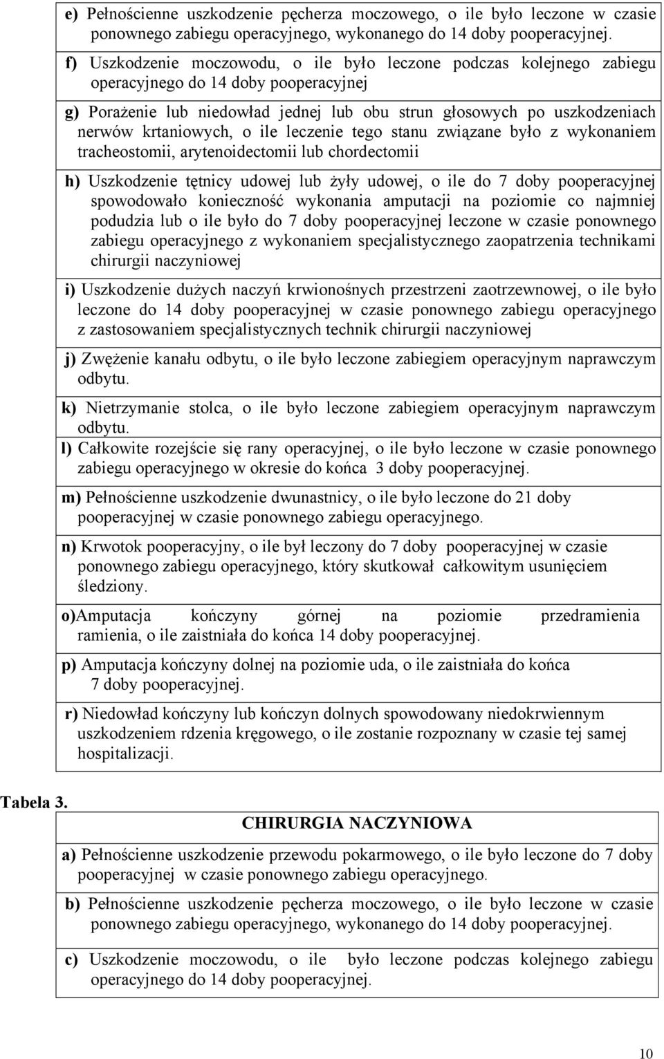 krtaniowych, o ile leczenie tego stanu związane było z wykonaniem tracheostomii, arytenoidectomii lub chordectomii h) Uszkodzenie tętnicy udowej lub żyły udowej, o ile do 7 doby pooperacyjnej