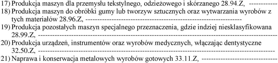 Z, ------------------------------------------------------------------ 19) Produkcja pozostałych maszyn specjalnego przeznaczenia, gdzie indziej niesklasyfikowana 28.99.