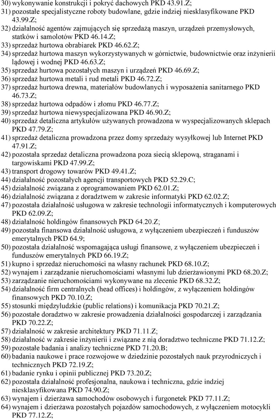 Z; 34) sprzedaż hurtowa maszyn wykorzystywanych w górnictwie, budownictwie oraz inżynierii lądowej i wodnej PKD 46.63.Z; 35) sprzedaż hurtowa pozostałych maszyn i urządzeń PKD 46.69.