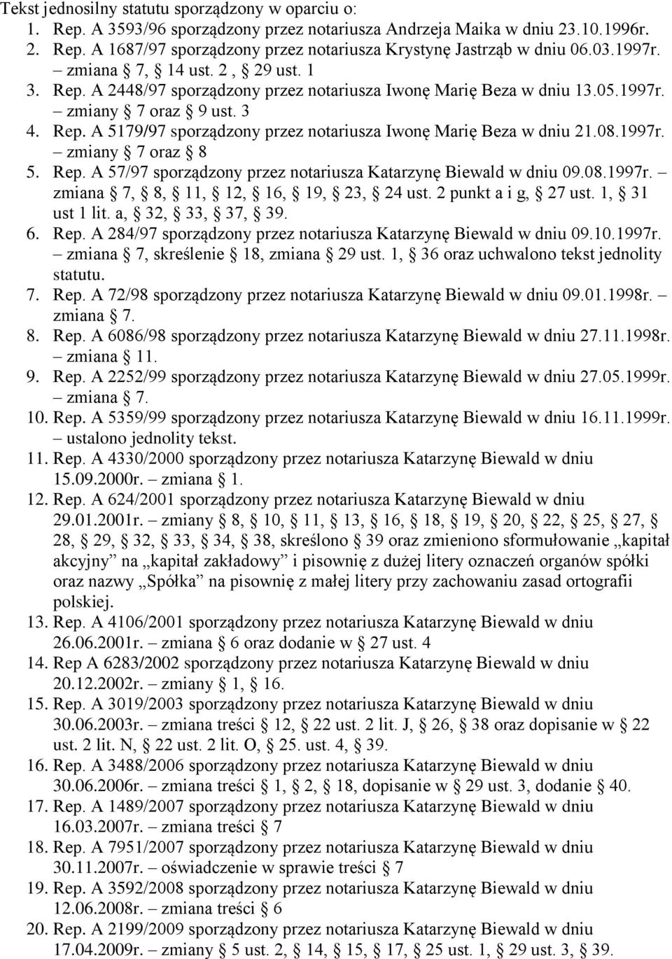 08.1997r. zmiany 7 oraz 8 5. Rep. A 57/97 sporządzony przez notariusza Katarzynę Biewald w dniu 09.08.1997r. zmiana 7, 8, 11, 12, 16, 19, 23, 24 ust. 2 punkt a i g, 27 ust. 1, 31 ust 1 lit.