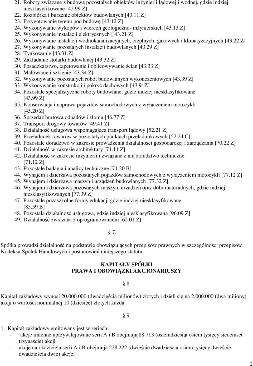 Wykonywanie instalacji wodnokanalizacyjnych, cieplnych, gazowych i klimatyzacyjnych [43.22.Z] 27. Wykonywanie pozostałych instalacji budowlanych [43.29 Z] 28. Tynkowanie [43.31.Z] 29.