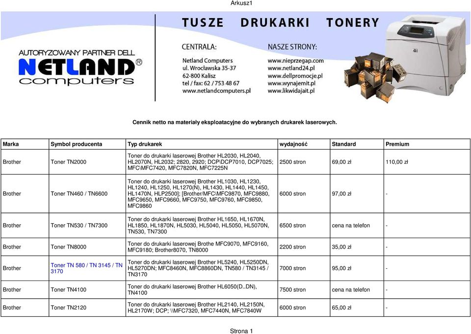 zł 110,00 zł MFC\MFC7420, MFC7820N, MFC7225N Toner do drukarki laserowej Brother HL1030, HL1230, HL1240, HL1250, HL1270(N), HL1430, HL1440, HL1450, Brother Toner TN460 / TN6600 HL1470N, HLP2500];