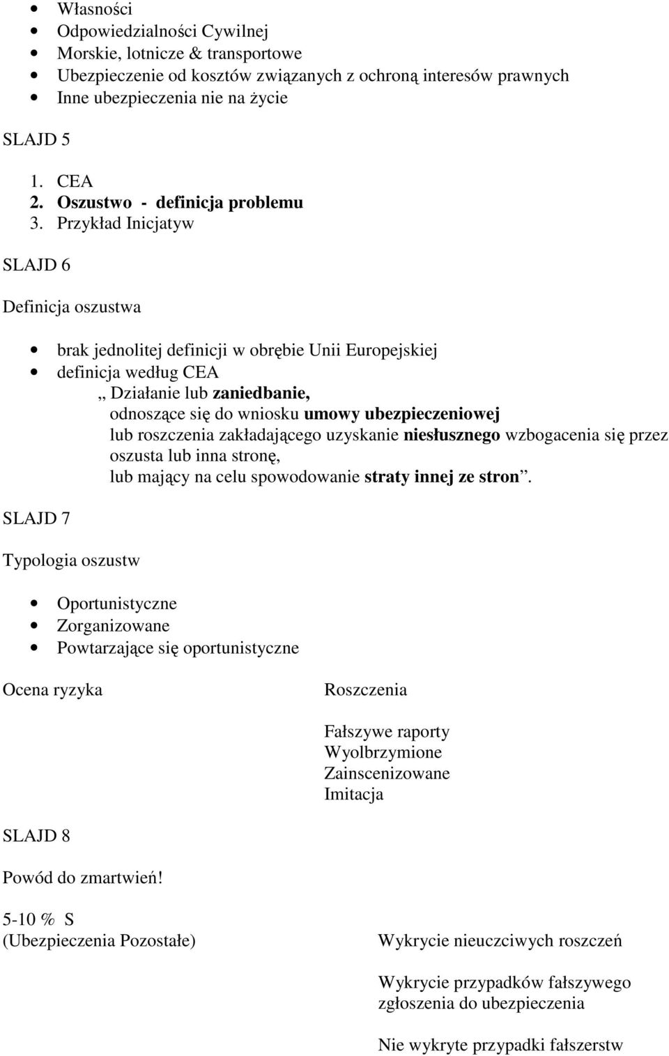 Przykład Inicjatyw SLAJD 6 Definicja oszustwa brak jednolitej definicji w obrębie Unii Europejskiej definicja według CEA Działanie lub zaniedbanie, odnoszące się do wniosku umowy ubezpieczeniowej lub