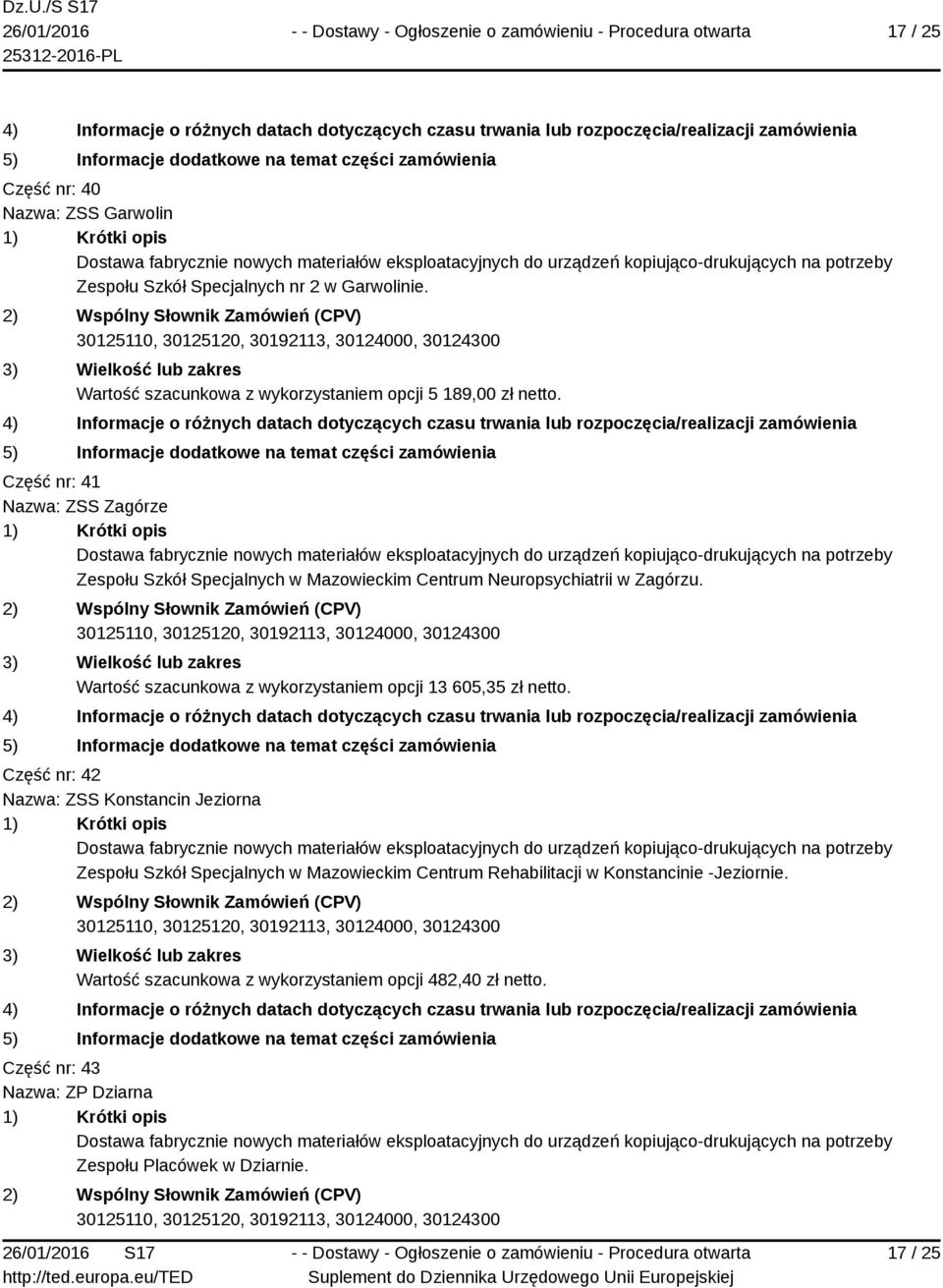 Część nr: 41 Nazwa: ZSS Zagórze Zespołu Szkół Specjalnych w Mazowieckim Centrum Neuropsychiatrii w Zagórzu.