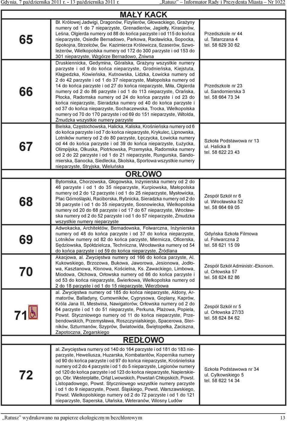 nieparzyste, Osiedle Bernadowo, Parkowa, Racławicka, Sopocka, Spokojna, Strzelców, Św.