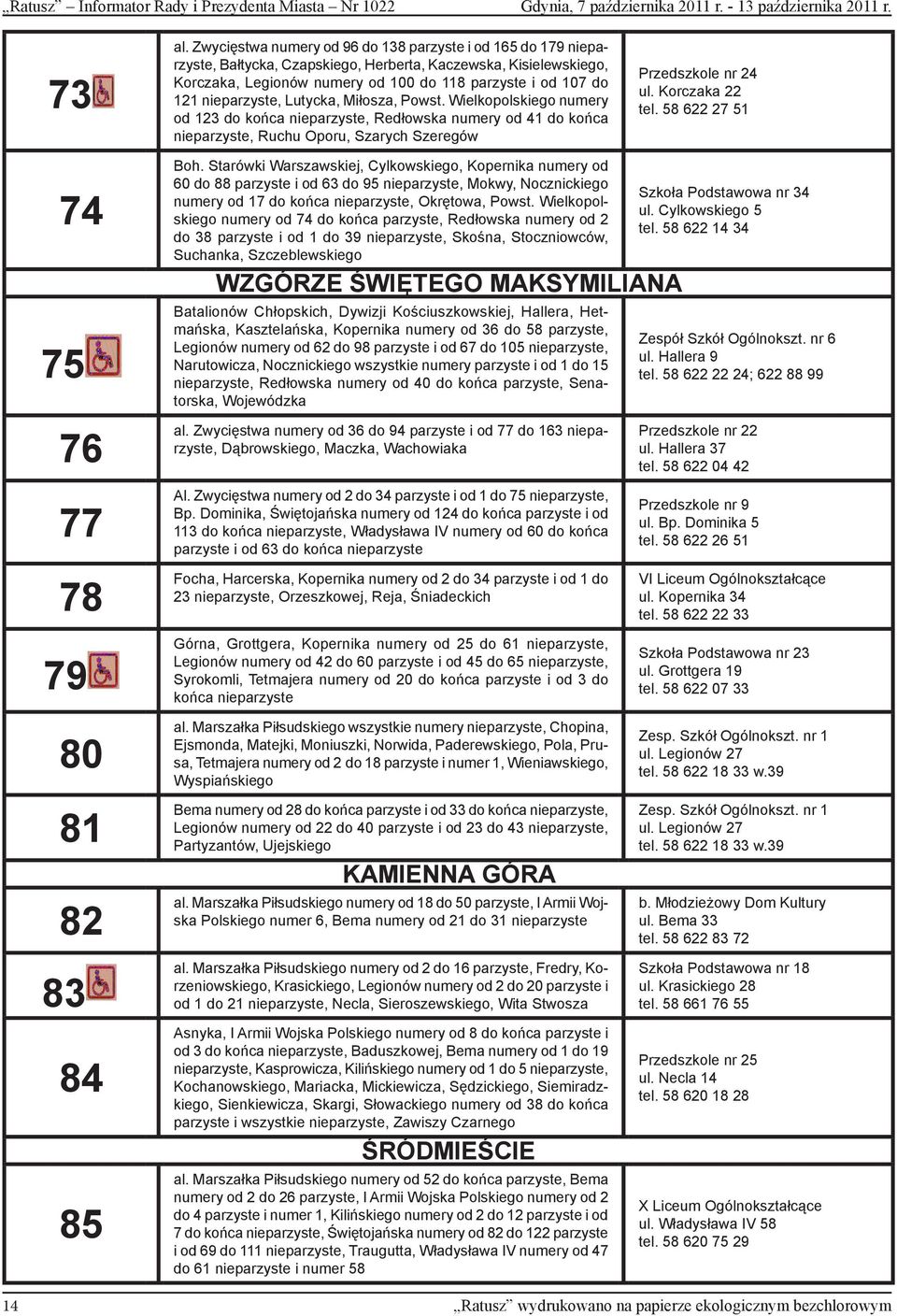 nieparzyste, Lutycka, Miłosza, Powst. Wielkopolskiego numery od 123 do końca nieparzyste, Redłowska numery od 41 do końca nieparzyste, Ruchu Oporu, Szarych Szeregów Przedszkole nr 24 ul.