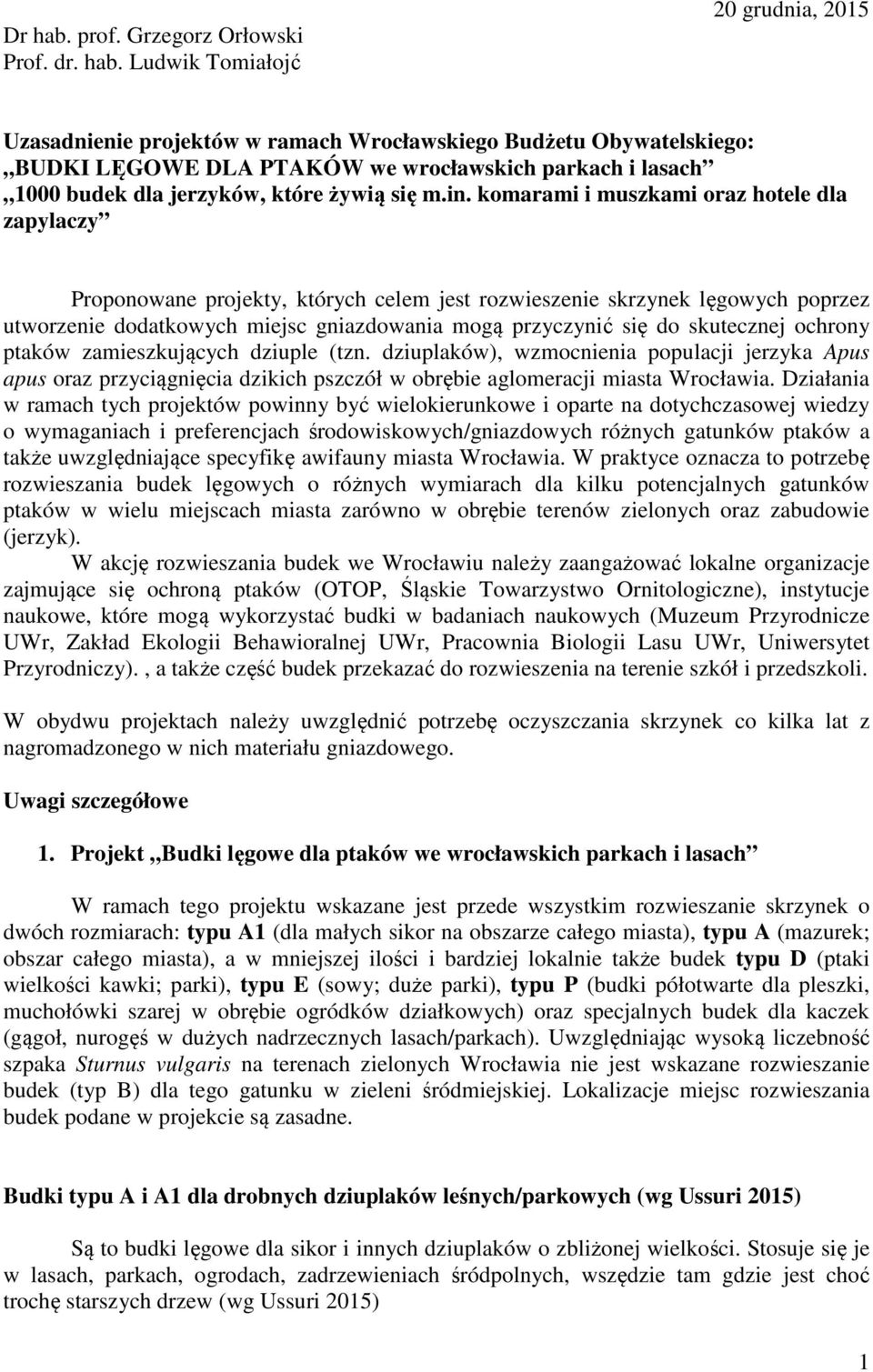 Ludwik Tomiałojć 20 grudnia, 2015 Uzasadnienie projektów w ramach Wrocławskiego Budżetu Obywatelskiego: BUDKI LĘGOWE DLA PTAKÓW we wrocławskich parkach i lasach 1000 budek dla jerzyków, które żywią
