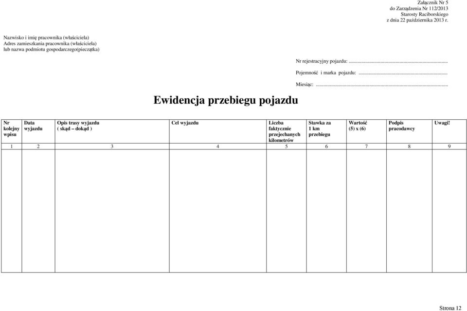 Ewidencja przebiegu pojazdu Nr rejestracyjny pojazdu:... Pojemność i marka pojazdu:... Miesiąc:.