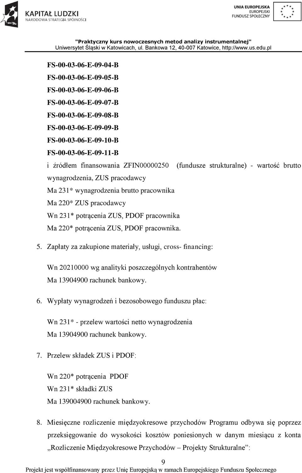 potrącenia ZUS, PDOF pracownika. 5. Zapłaty za zakupione materiały, usługi, cross- financing: Wn 20210000 wg analityki poszczególnych kontrahentów Ma 13904900 rachunek bankowy. 6.