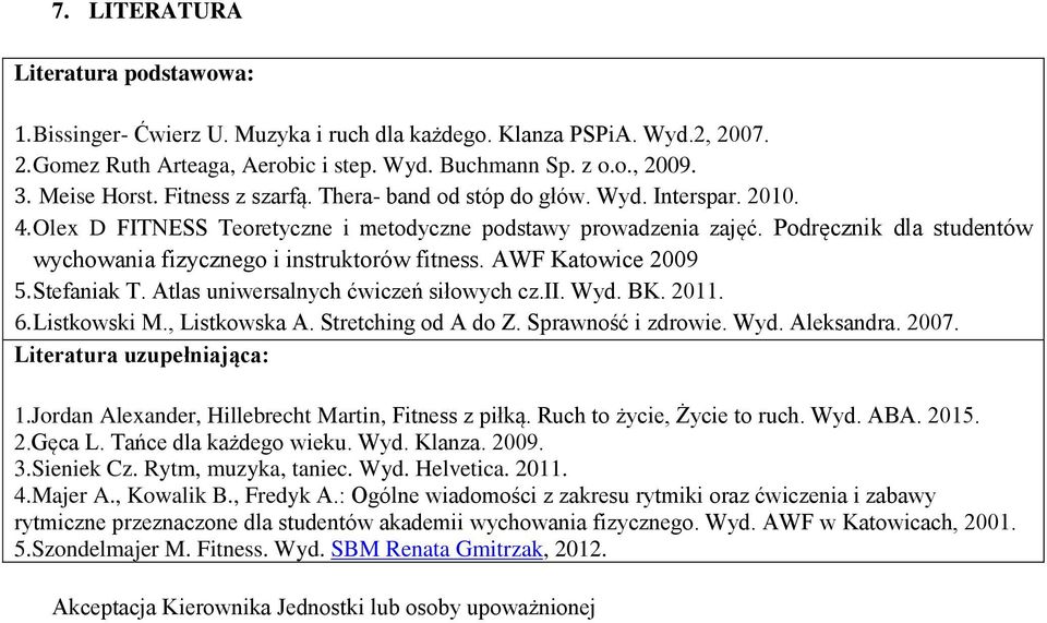 Podręcznik dla studentów wychowania fizycznego i instruktorów fitness. AWF Katowice 2009 5. Stefaniak T. Atlas uniwersalnych ćwiczeń siłowych cz.ii. Wyd. BK. 2011. 6. Listkowski M., Listkowska A.