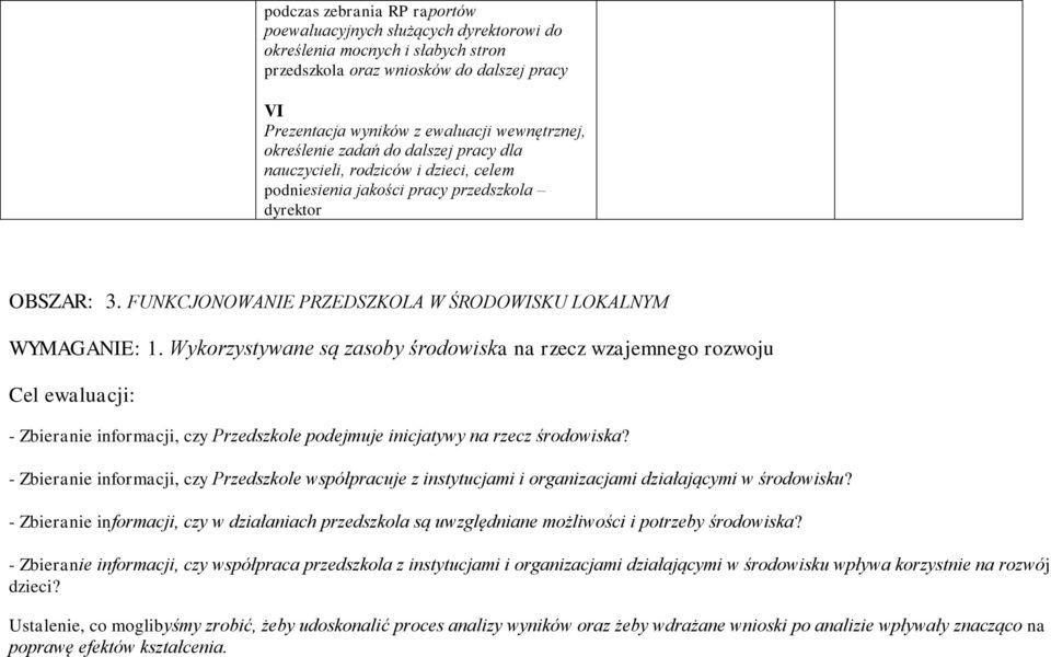 Wykorzystywane są zasoby środowiska na rzecz wzajemnego rozwoju Cel ewaluacji: - Zbieranie informacji, czy Przedszkole podejmuje inicjatywy na rzecz środowiska?