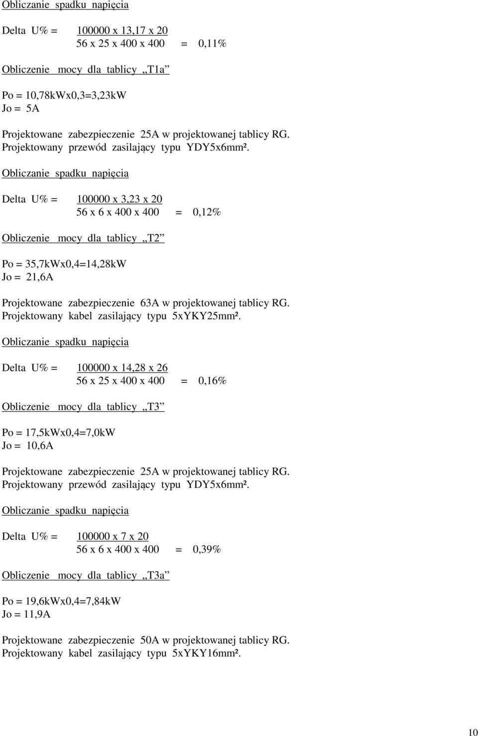 Delta U% = 100000 x 3,23 x 20 56 x 6 x 400 x 400 = 0,12% Obliczenie mocy dla tablicy T2 Po = 35,7kWx0,4=14,28kW Jo = 21,6A Projektowane zabezpieczenie 63A w projektowanej tablicy RG.