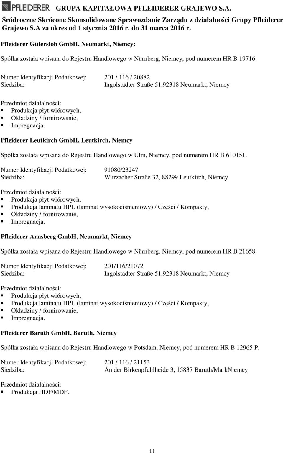 Numer Identyfikacji Podatkowej: 201 / 116 / 20882 Siedziba: Ingolstädter Straße 51,92318 Neumarkt, Niemcy Przedmiot działalności: Produkcja płyt wiórowych, Okładziny / fornirowanie, Impregnacja.