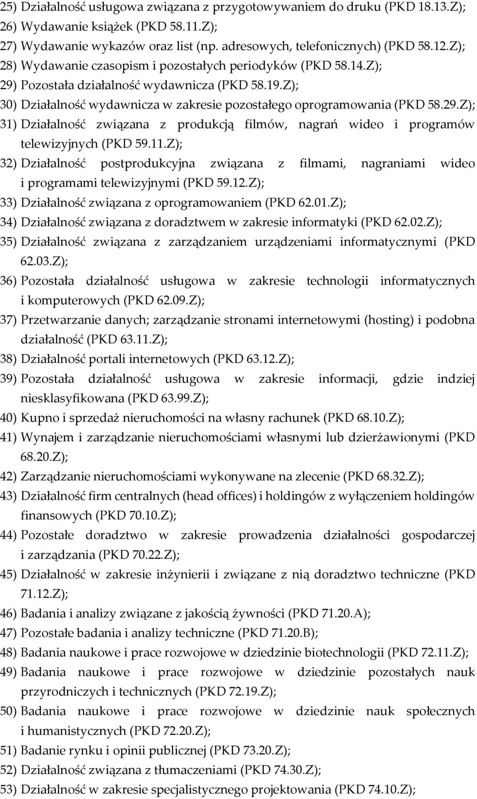 11.Z); 32) Działalność postprodukcyjna związana z filmami, nagraniami wideo i programami telewizyjnymi (PKD 59.12.Z); 33) Działalność związana z oprogramowaniem (PKD 62.01.