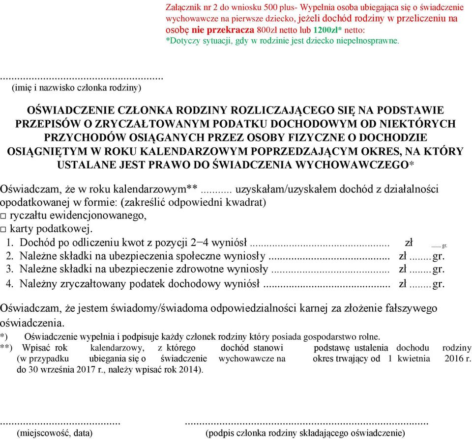 ... (imię i nazwisko członka rodziny) OŚWIADCZENIE CZŁONKA RODZINY ROZLICZAJĄCEGO SIĘ NA PODSTAWIE PRZEPISÓW O ZRYCZAŁTOWANYM PODATKU DOCHODOWYM OD NIEKTÓRYCH PRZYCHODÓW OSIĄGANYCH PRZEZ OSOBY