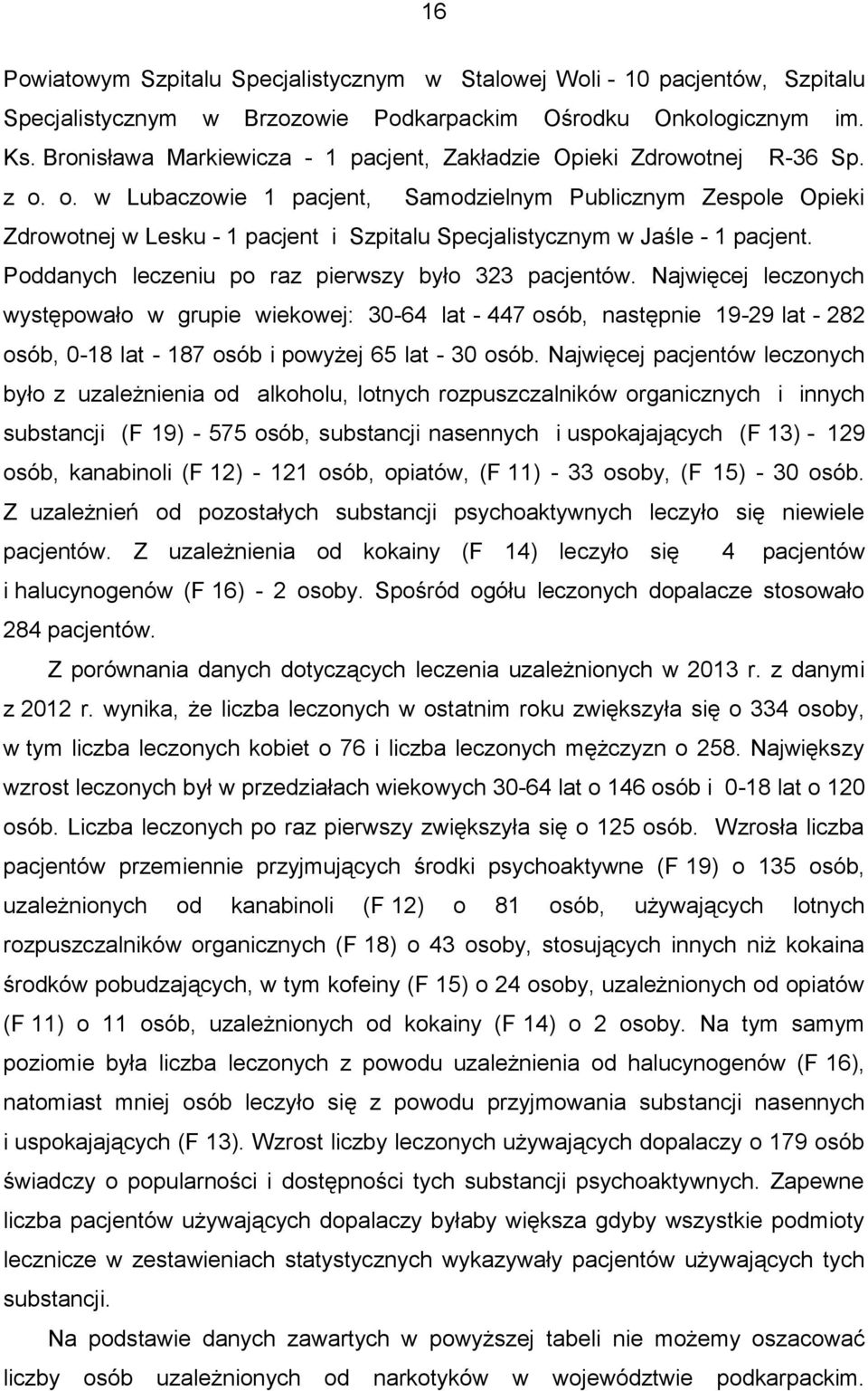 o. w Lubaczowie 1 pacjent, Samodzielnym Publicznym Zespole Opieki Zdrowotnej w Lesku - 1 pacjent i Szpitalu Specjalistycznym w Jaśle - 1 pacjent. Poddanych leczeniu po raz pierwszy było 323 pacjentów.