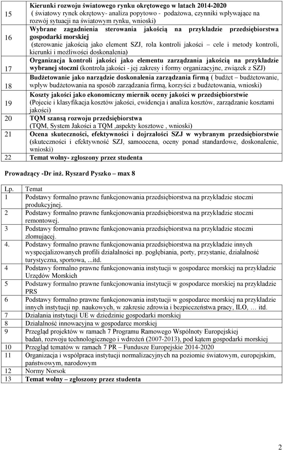 doskonalenia) Organizacja kontroli jakości jako elementu zarządzania jakością na przykładzie 17 wybranej stoczni (kontrola jakości - jej zakresy i formy organizacyjne, związek z SZJ) Budżetowanie