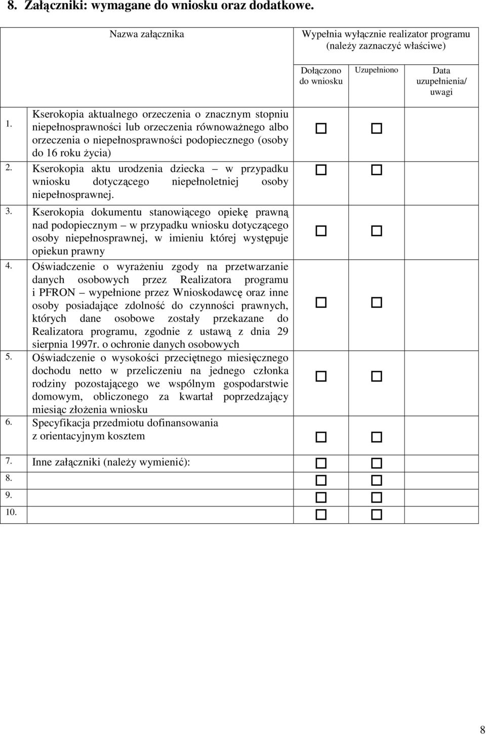 niepełnosprawności lub orzeczenia równoważnego albo orzeczenia o niepełnosprawności podopiecznego (osoby do 16 roku życia) 2.