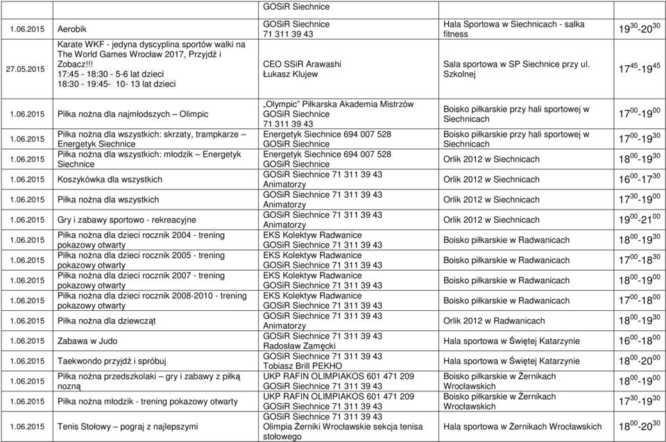 Szkolnej 19 30-20 30 17 45-19 45 Piłka noŝna dla najmłodszych Olimpic Piłka noŝna dla wszystkich: skrzaty, trampkarze Energetyk Piłka noŝna dla wszystkich: młodzik Energetyk Koszykówka dla wszystkich