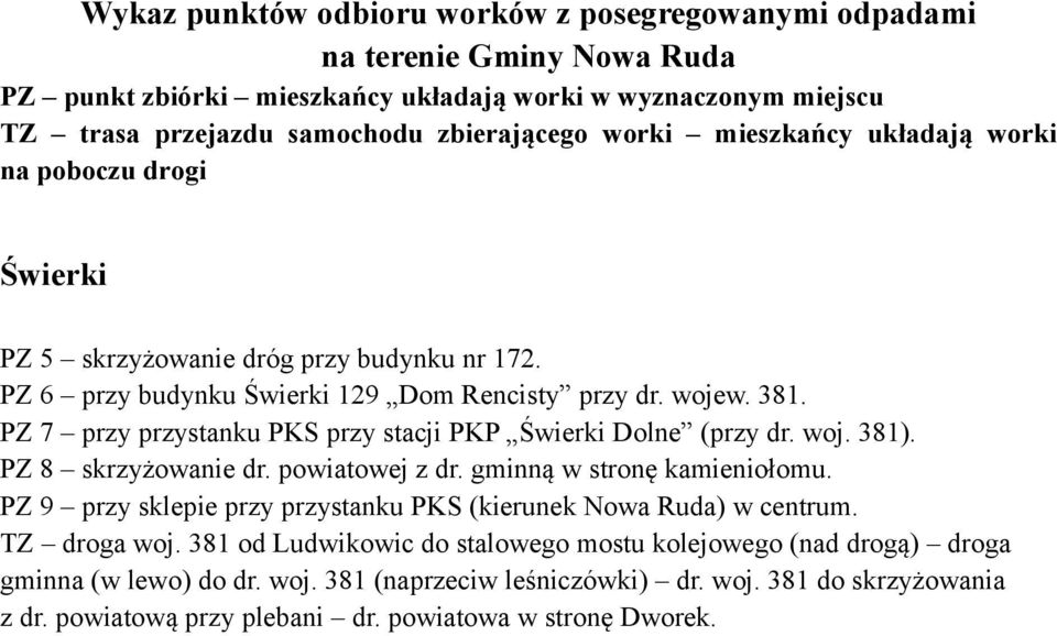 gminną w stronę kamieniołomu. PZ 9 przy sklepie przy przystanku PKS (kierunek Nowa Ruda) w centrum. TZ droga woj.