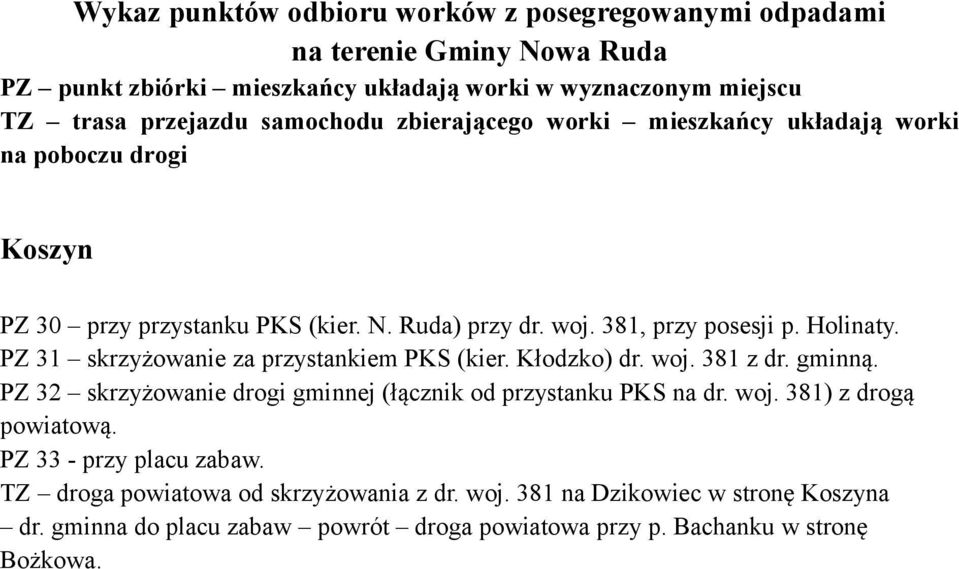 PZ 32 skrzyżowanie drogi gminnej (łącznik od przystanku PKS na dr. woj. 381) z drogą powiatową.