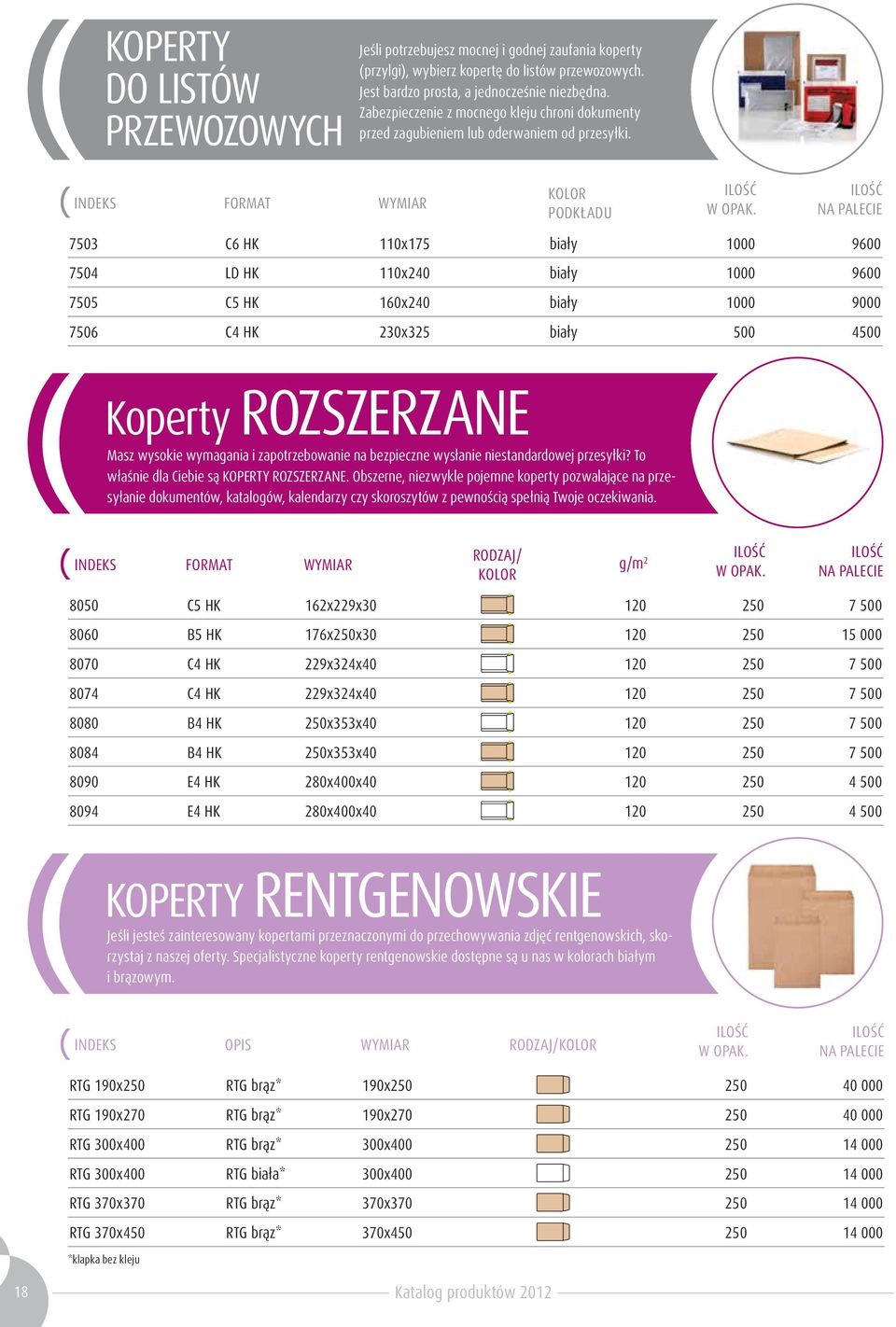 INDEKS FORMAT WYMIAR KOLOR PODKŁADU 7503 C6 HK 110x175 biały 1000 9600 7504 LD HK 110x240 biały 1000 9600 7505 C5 HK 160x240 biały 1000 9000 7506 C4 HK 230x325 biały 500 4500 Koperty ROZSZERZANE Masz