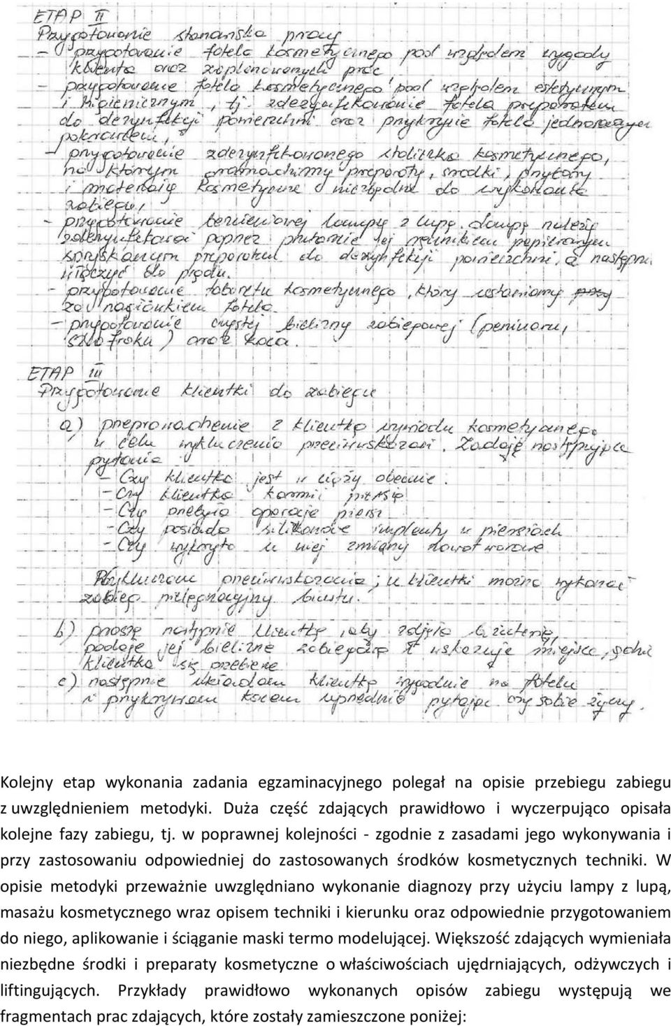 W opisie metodyki przeważnie uwzględniano wykonanie diagnozy przy użyciu lampy z lupą, masażu kosmetycznego wraz opisem techniki i kierunku oraz odpowiednie przygotowaniem do niego, aplikowanie i