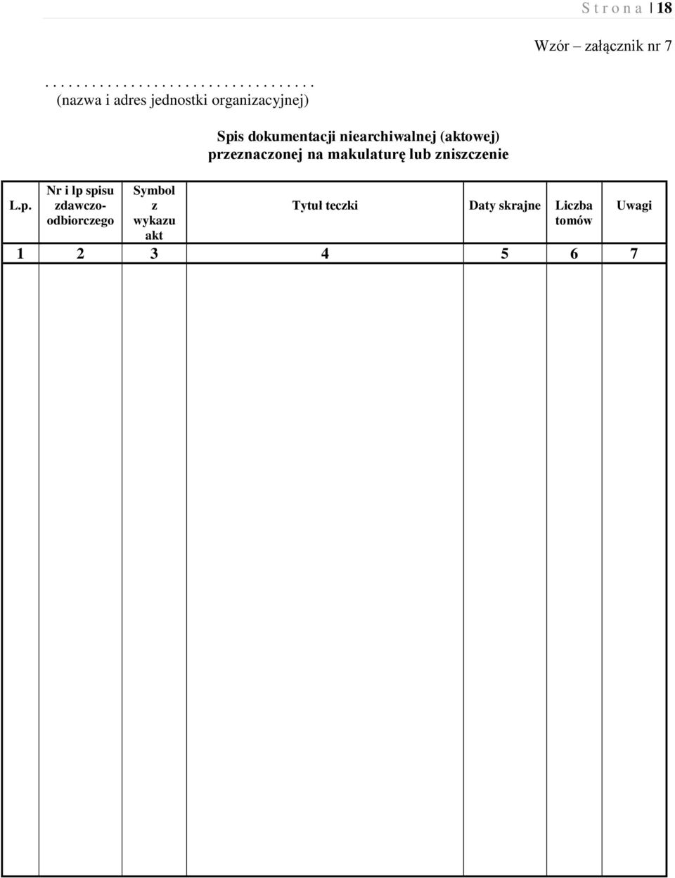 Nr i lp spisu zdawczoodbiorczego Symbol z wykazu akt Spis dokumentacji
