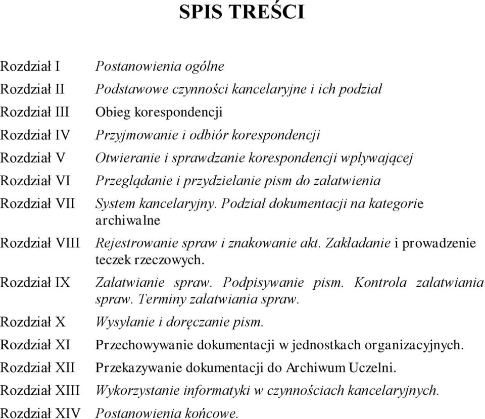 do załatwienia System kancelaryjny. Podział dokumentacji na kategorie archiwalne Rejestrowanie spraw i znakowanie akt. Zakładanie i prowadzenie teczek rzeczowych. Załatwianie spraw. Podpisywanie pism.