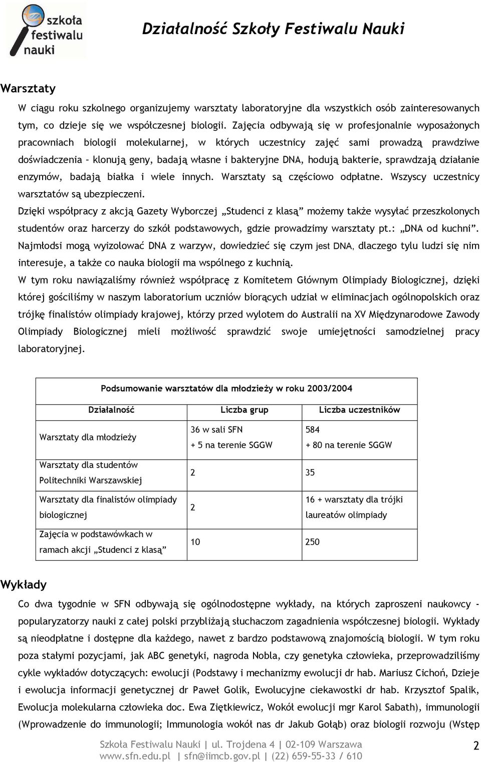 hodują bakterie, sprawdzają działanie enzymów, badają białka i wiele innych. Warsztaty są częściowo odpłatne. Wszyscy uczestnicy warsztatów są ubezpieczeni.