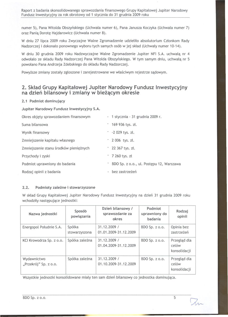 W dniu 27 lipca 2009 roku Zwyczajne Walne Zgromadzenie udzielilo absolutorium Czlonkom Rady Nadzorczej i dokonalo ponownego wyboru tych samych osób w jej sklad (Uchwaly numer 10-14).