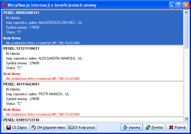 5. Umowy komercyjne W przypadku wyboru kodu C, wszystkie wiersze w pliku.csv muszą mieć ustawiony ten kod. Rys. 81. Okno: Przykładowy plik. csv z listą beneficjentów.