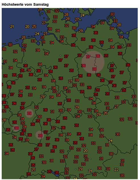 Maksymalne temperatury w Niemczech dnia 10 lipca 2010. Źródło: WetterOnline. Jak widać ilość stacji, na których temperatury przekroczyły 37 stopni jest dość spora.